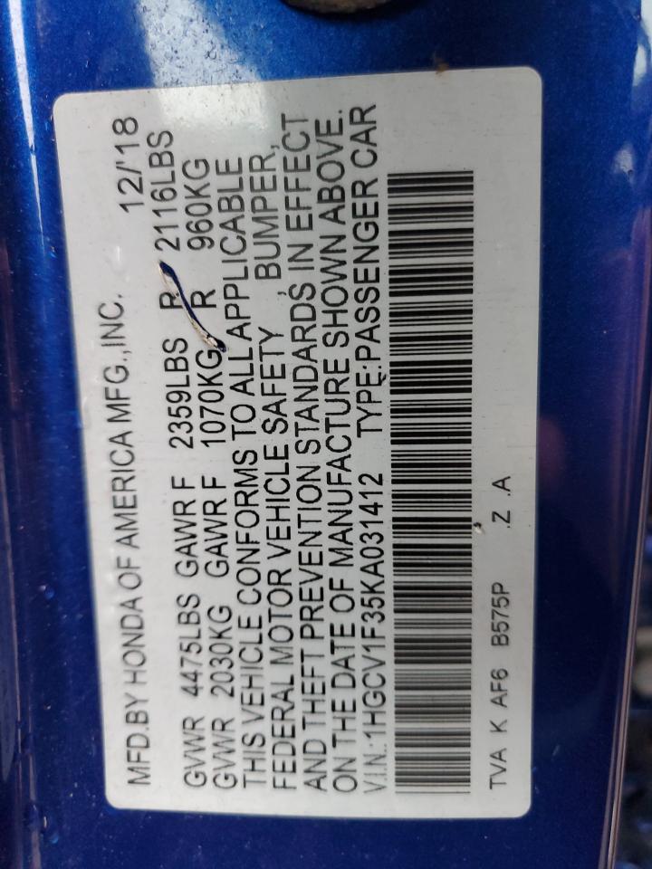 2019 Honda Accord Sport VIN: 1HGCV1F35KA031412 Lot: 86126385