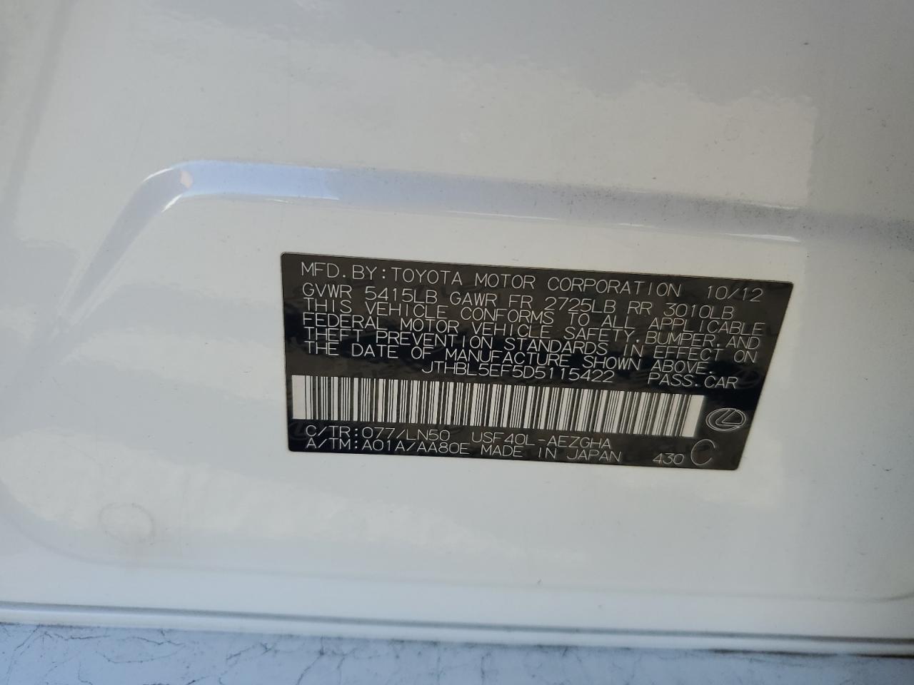 2013 Lexus Ls 460 VIN: JTHBL5EF5D5115422 Lot: 90517495