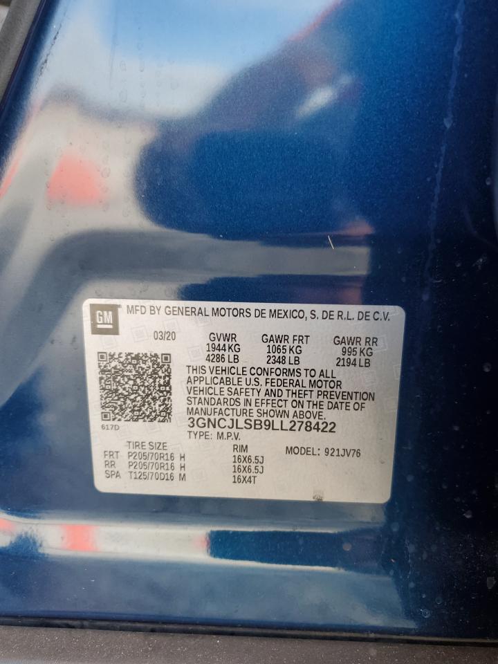 2020 Chevrolet Trax 1Lt VIN: 3GNCJLSB9LL278422 Lot: 82279015