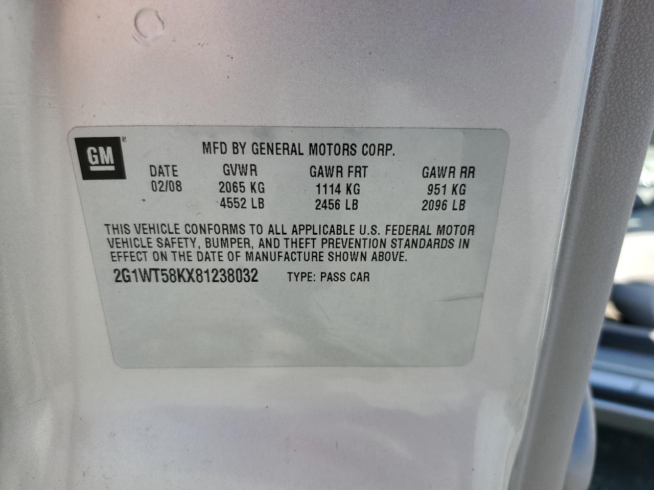 2008 Chevrolet Impala Lt VIN: 2G1WT58KX81238032 Lot: 85497965