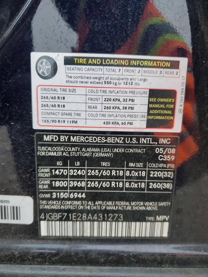 2008 Mercedes-Benz Gl 450 4Matic VIN: 4JGBF71E28A431273 Lot: 90031445