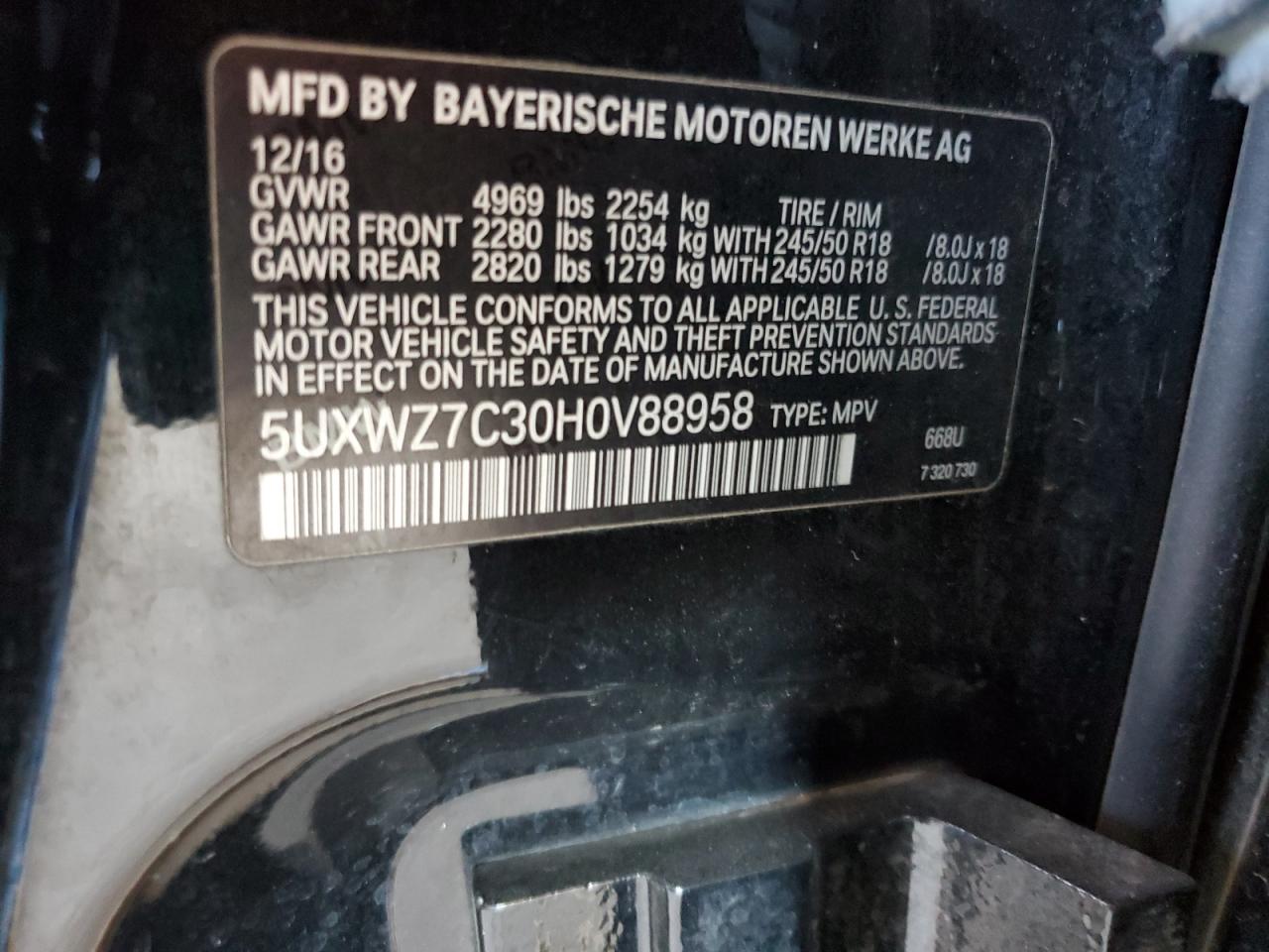 2017 BMW X3 Sdrive28I VIN: 5UXWZ7C30H0V88958 Lot: 89690485