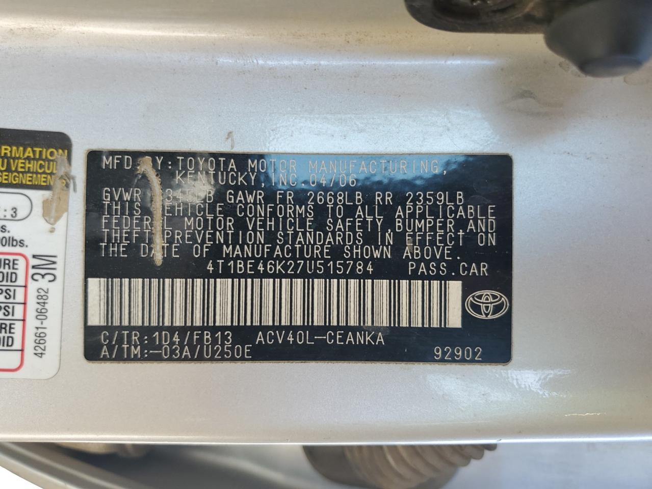 2007 Toyota Camry Ce VIN: 4T1BE46K27U515784 Lot: 82234935