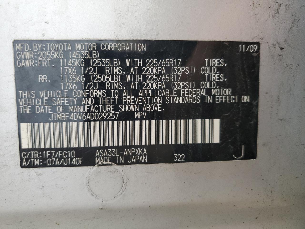 2010 Toyota Rav4 VIN: JTMBF4DV6AD029257 Lot: 89558135