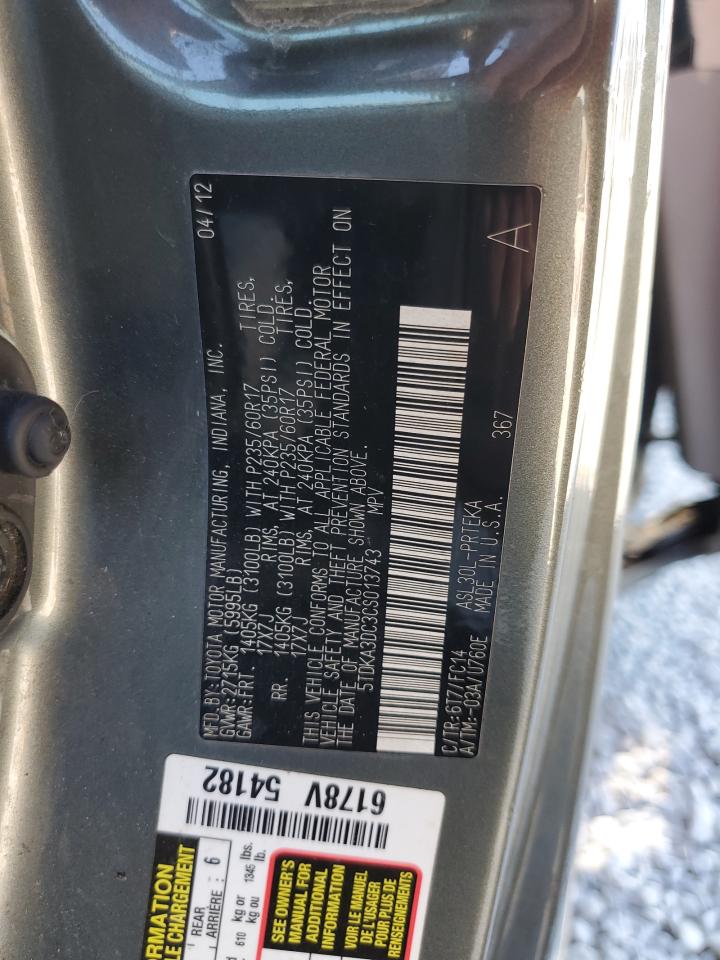 2012 Toyota Sienna Base VIN: 5TDKA3DC3CS013743 Lot: 82183225