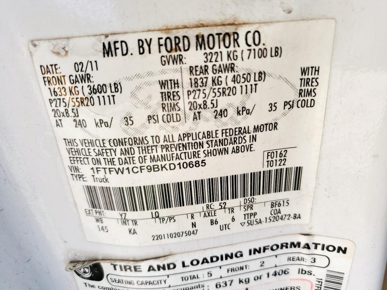 2011 Ford F150 Supercrew VIN: 1FTFW1CF9BKD10685 Lot: 86138605