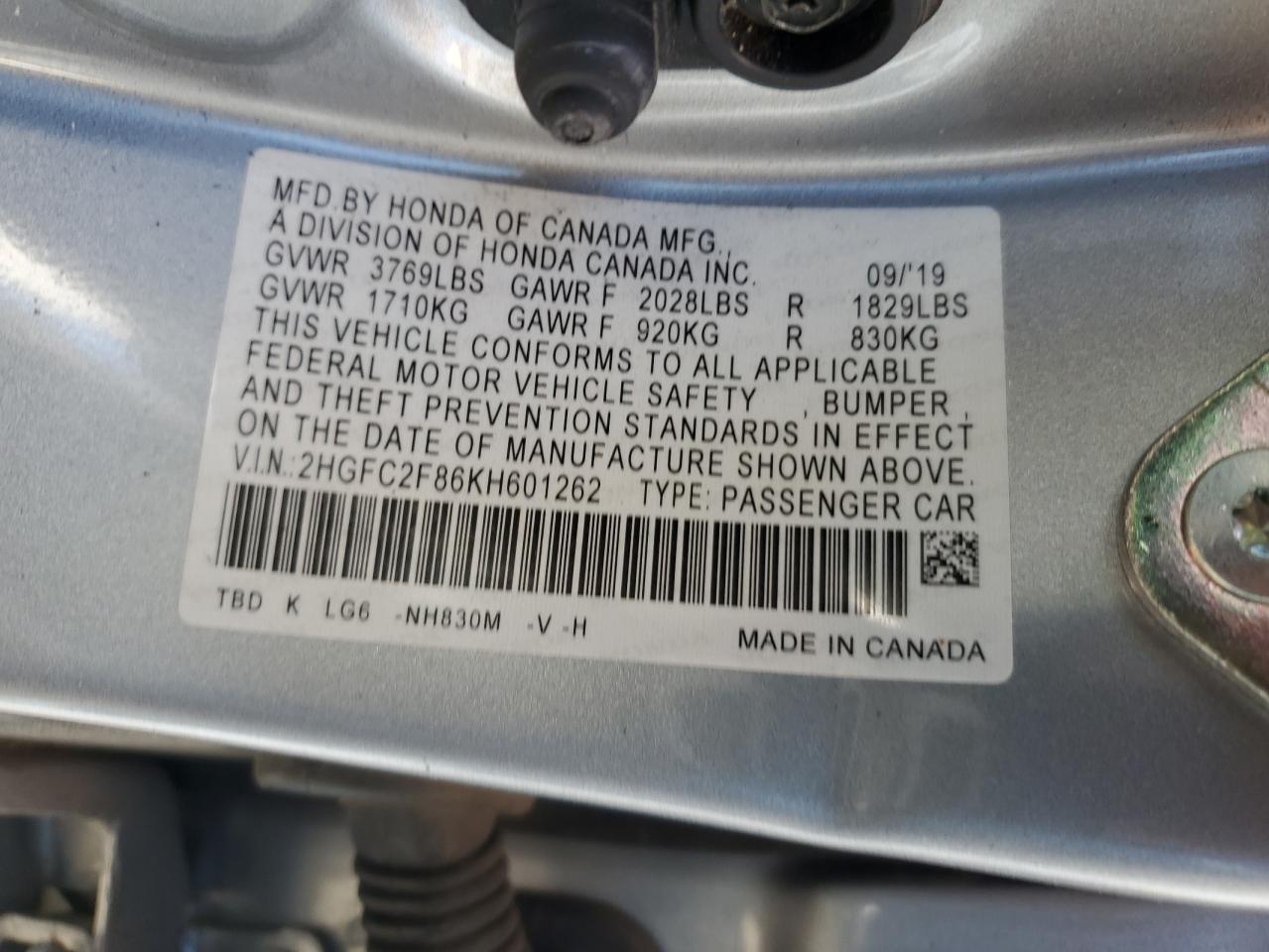 2019 Honda Civic Sport VIN: 2HGFC2F86KH601262 Lot: 90322915