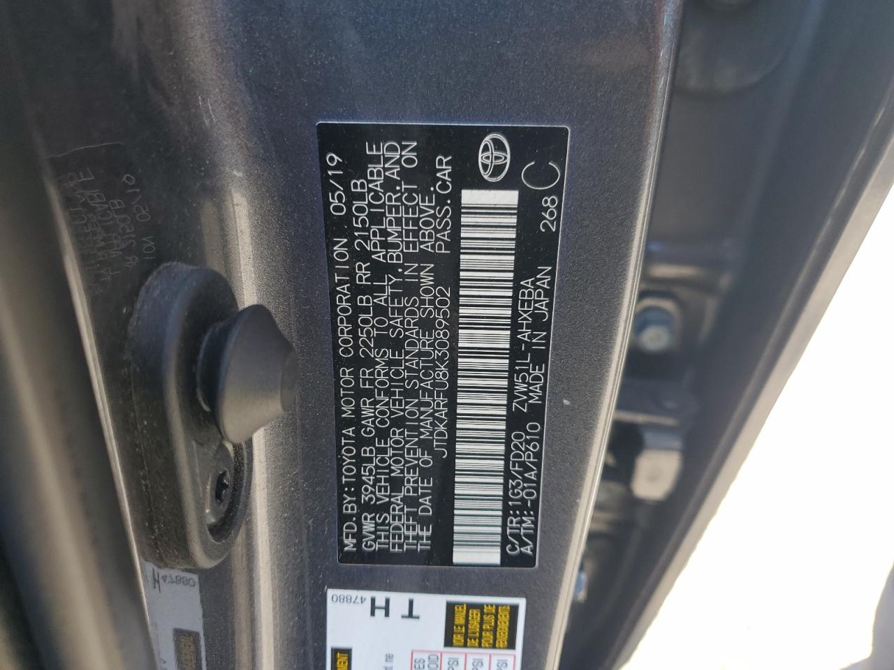 2019 Toyota Prius VIN: JTDKARFU8K3089502 Lot: 82343475