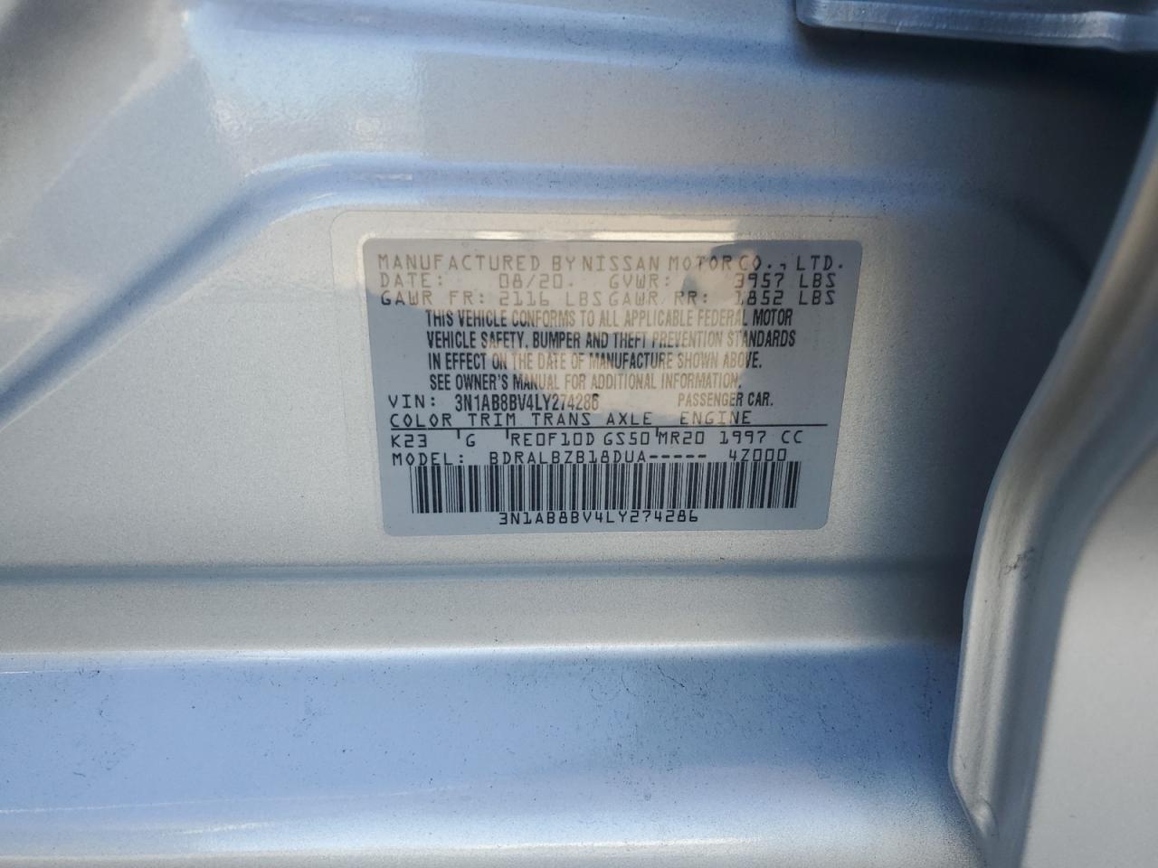 2020 Nissan Sentra S VIN: 3N1AB8BV4LY274286 Lot: 82274405