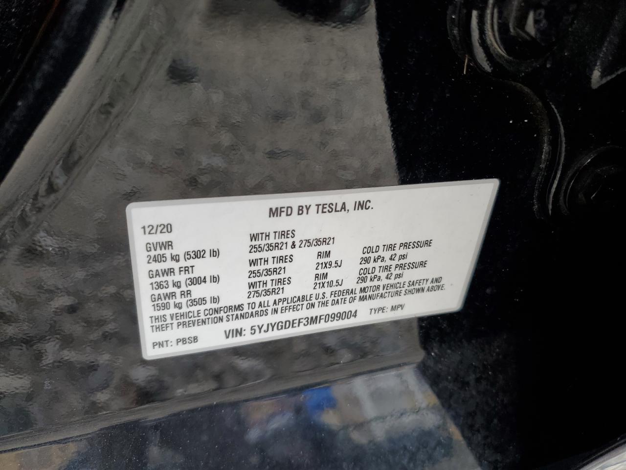 2021 Tesla Model Y VIN: 5YJYGDEF3MF099004 Lot: 84726605