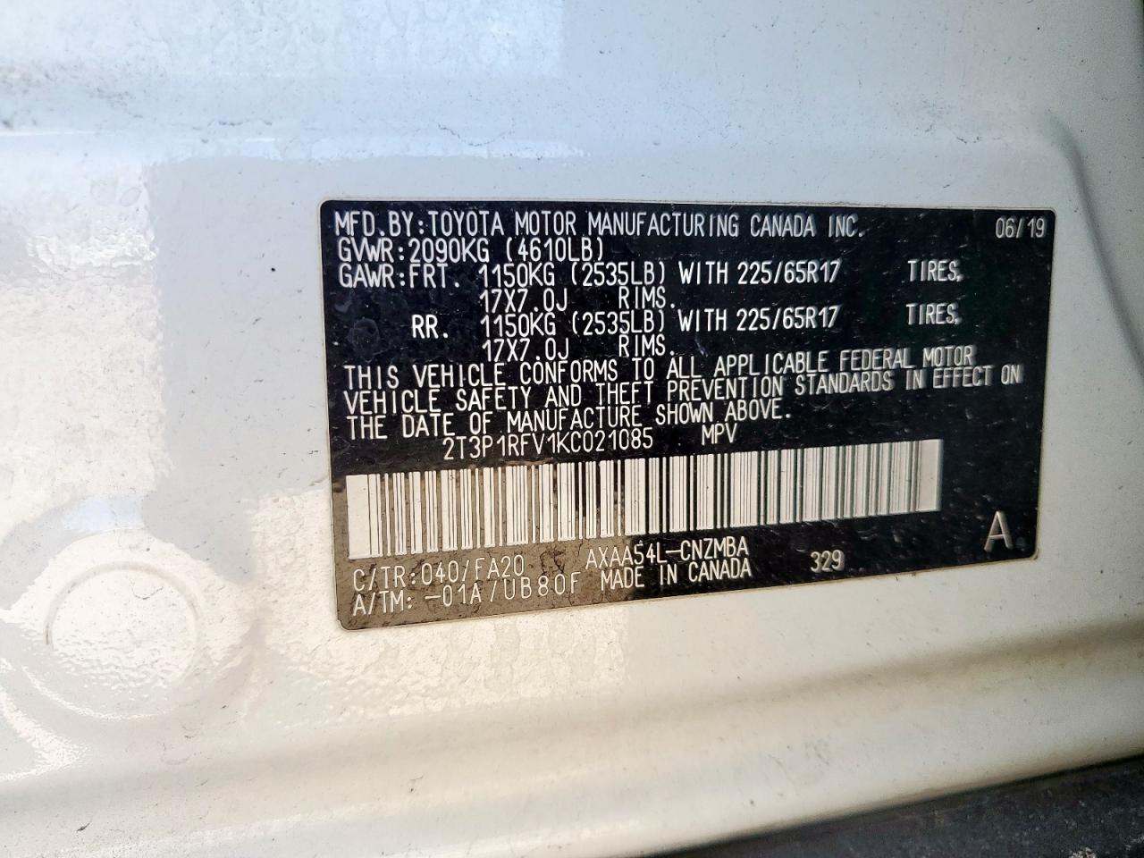 2019 Toyota Rav4 Xle VIN: 2T3P1RFV1KC021085 Lot: 82211885