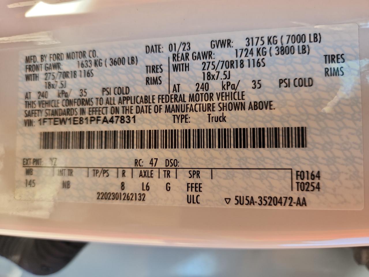 2023 Ford F150 Supercrew VIN: 1FTEW1E81PFA47831 Lot: 87442275