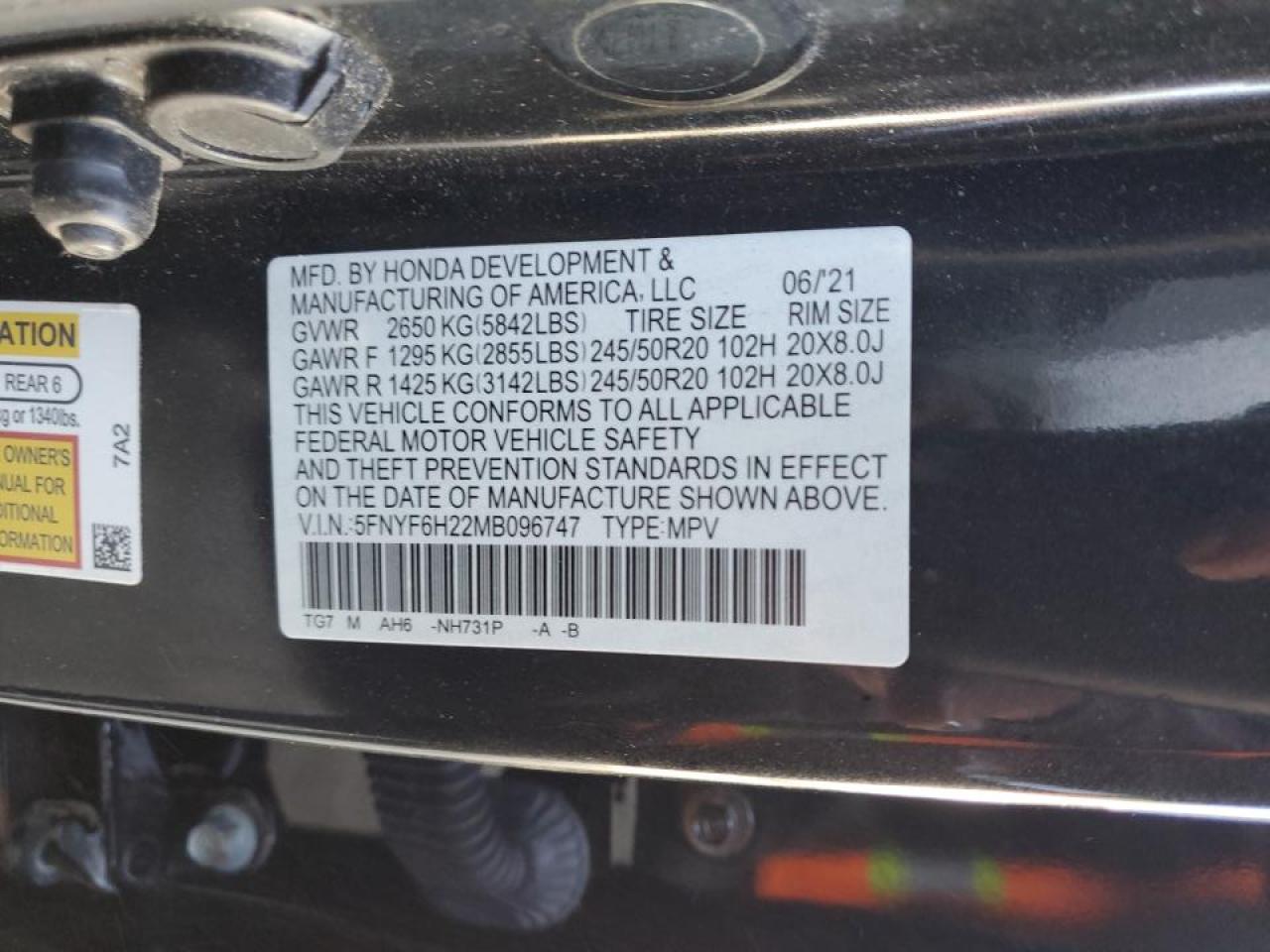 2021 Honda Pilot Se VIN: 5FNYF6H22MB096747 Lot: 85905525