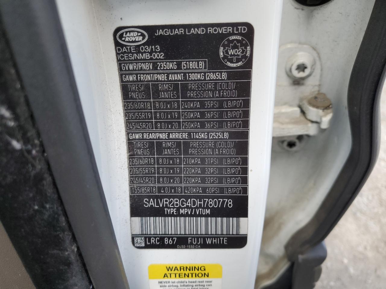 2013 Land Rover Range Rover Evoque Pure Premium VIN: SALVR2BG4DH780778 Lot: 85507385