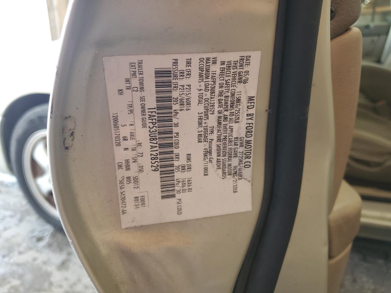 2007 Ford Taurus Se VIN: 1FAFP53U87A128529 Lot: 85303085