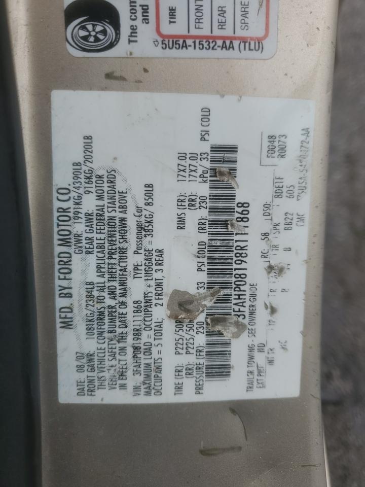 2008 Ford Fusion Sel VIN: 3FAHP08198R111868 Lot: 90113015