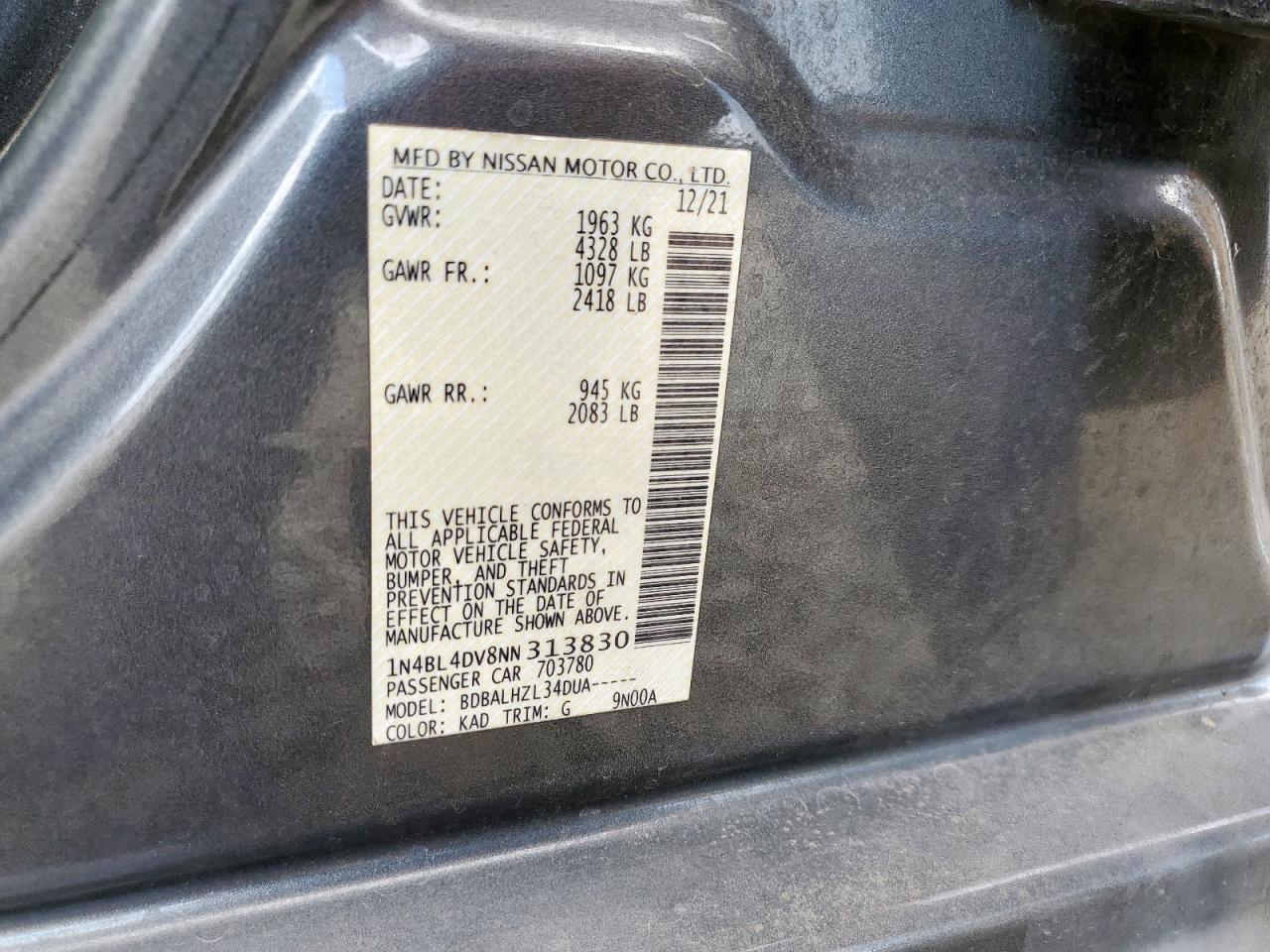 2022 Nissan Altima Sv VIN: 1N4BL4DV8NN313830 Lot: 82190925