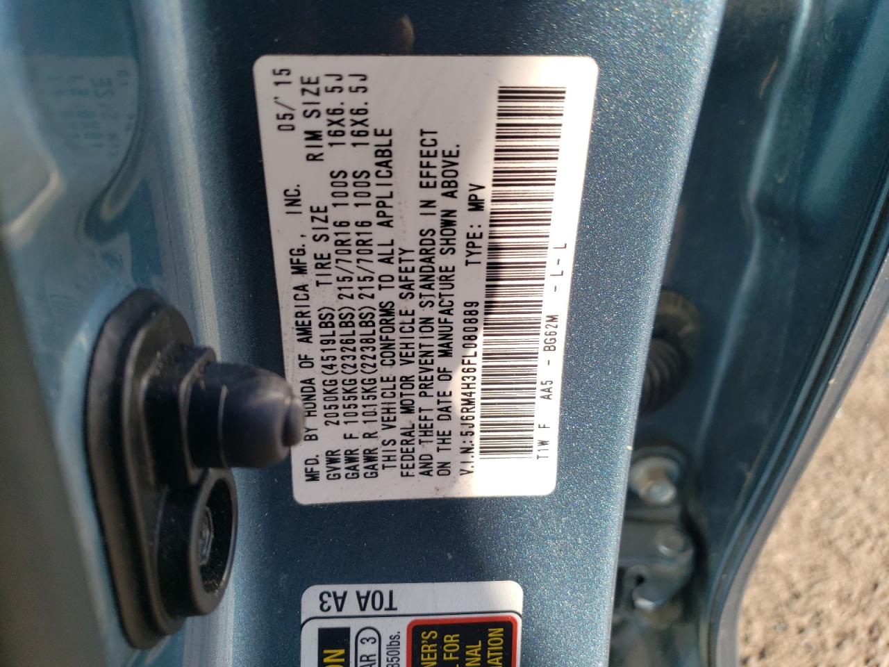 2015 Honda Cr-V Lx VIN: 5J6RM4H36FL080889 Lot: 87063985