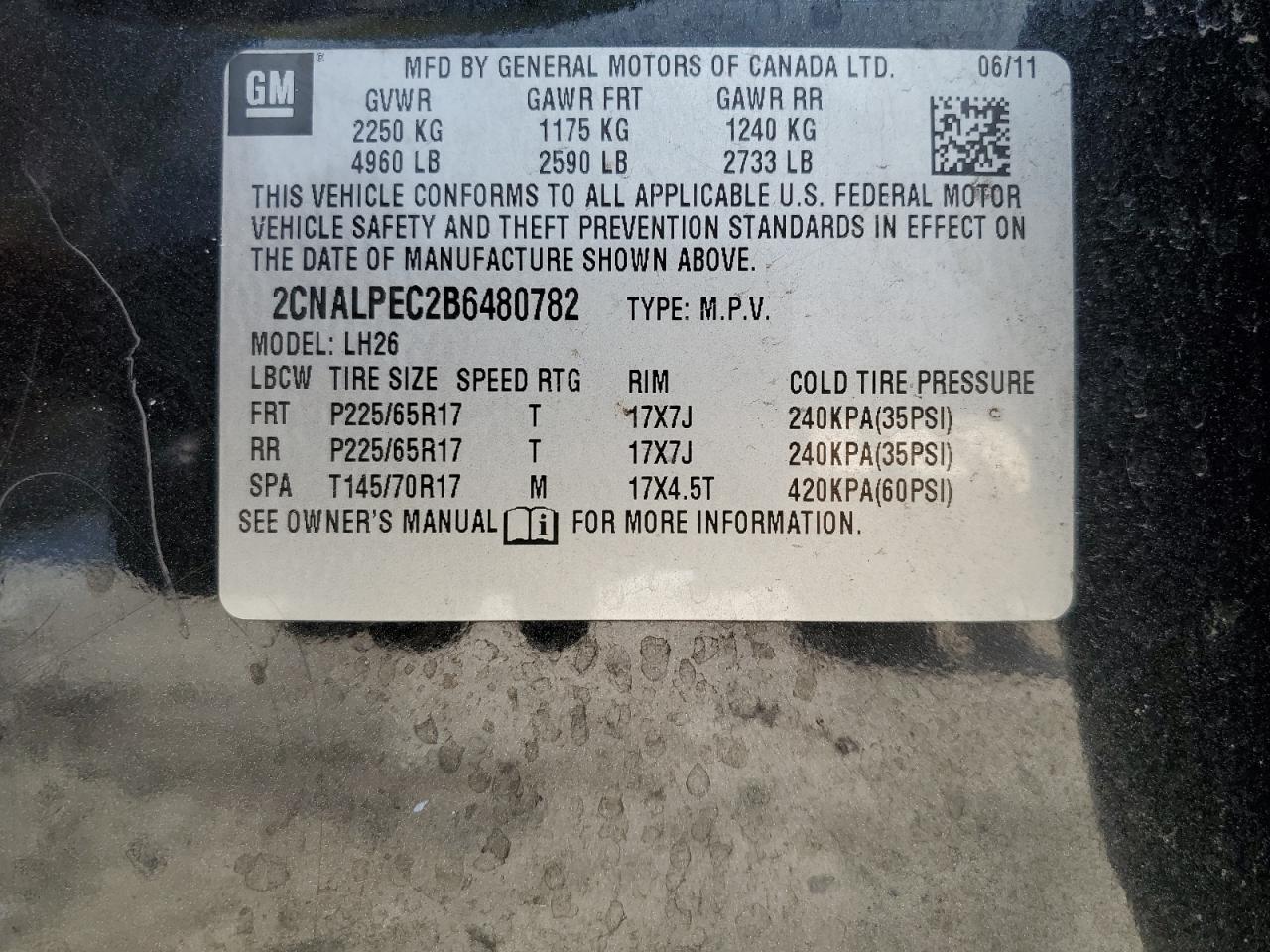 2011 Chevrolet Equinox Lt VIN: 2CNALPEC2B6480782 Lot: 85943235