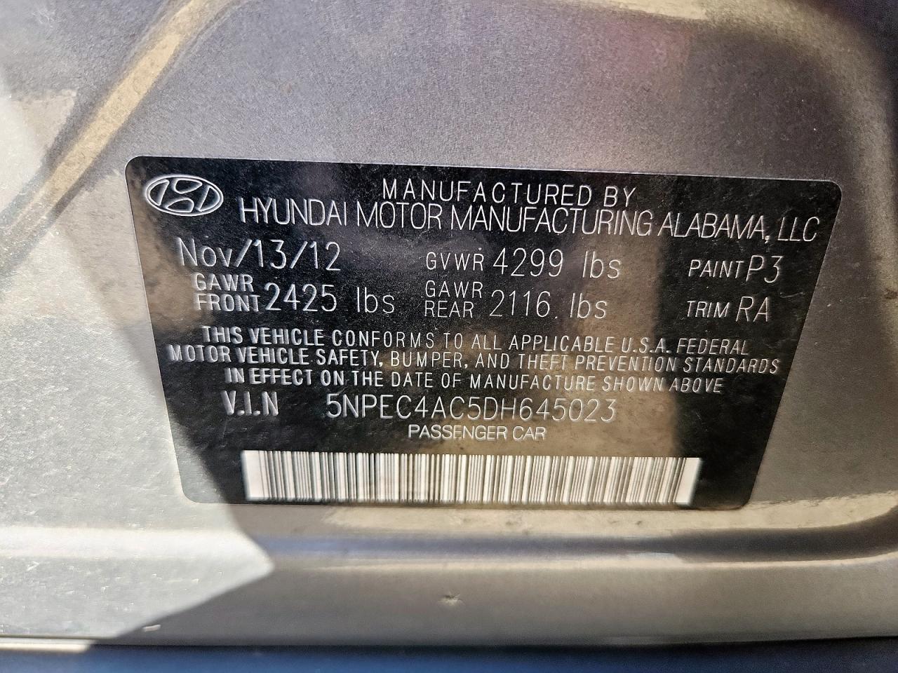 2013 Hyundai Sonata Se VIN: 5NPEC4AC5DH645023 Lot: 85843045