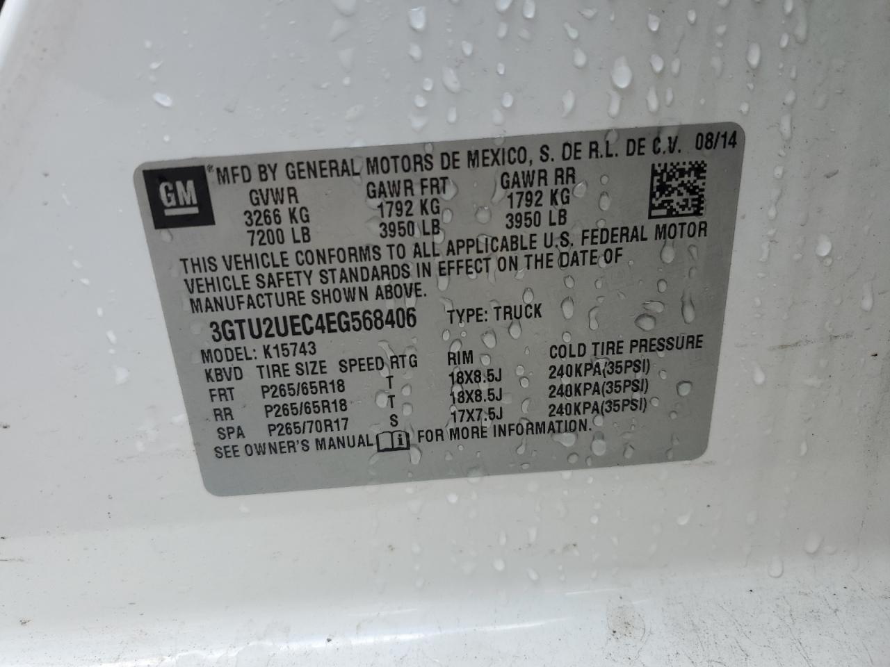 2014 GMC Sierra K1500 Sle VIN: 3GTU2UEC4EG568406 Lot: 90739845