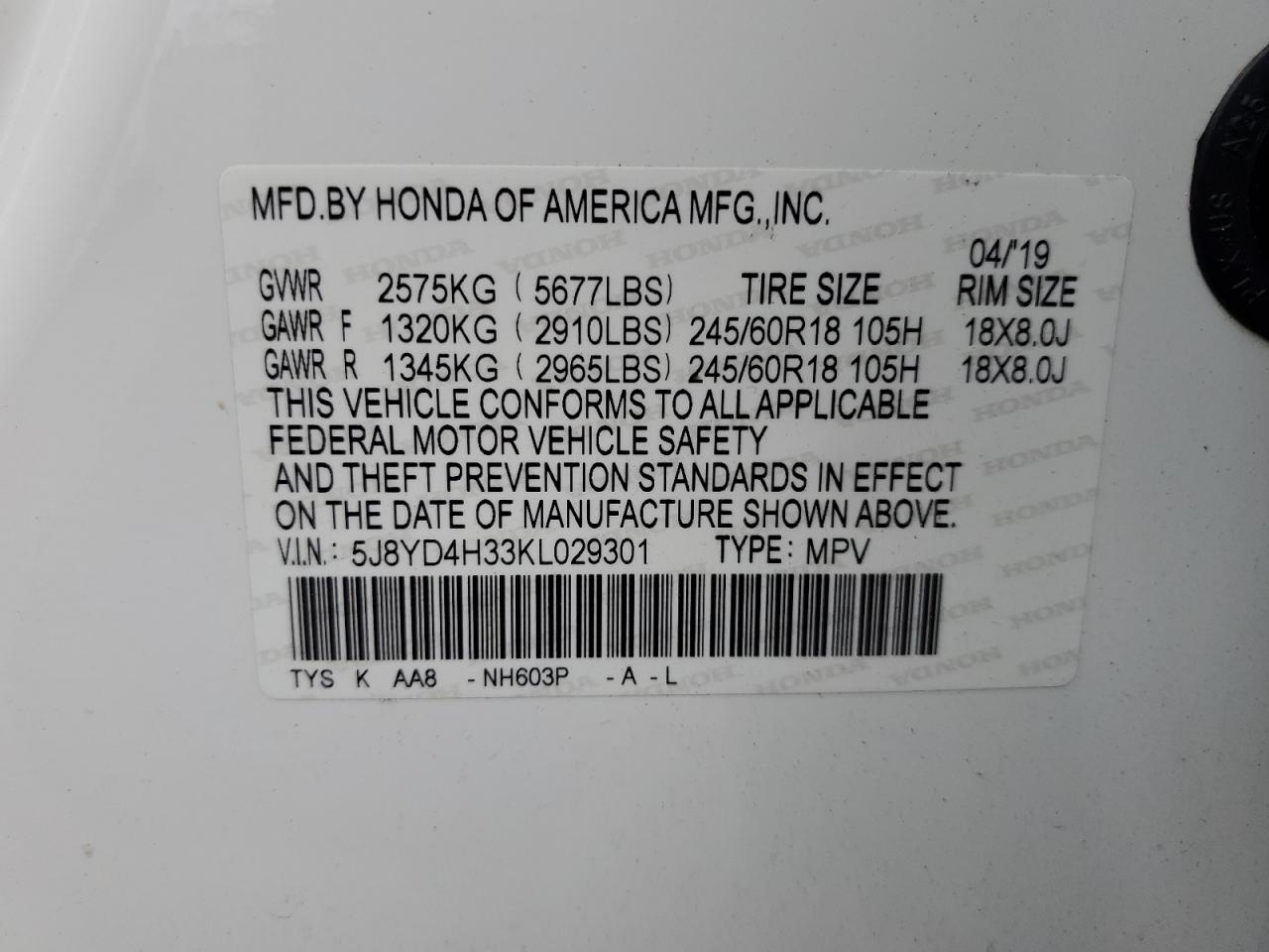 2019 Acura Mdx VIN: 5J8YD4H33KL029301 Lot: 90445765