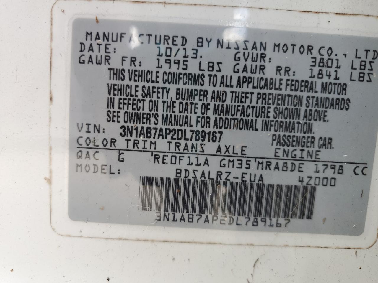 2013 Nissan Sentra S VIN: 3N1AB7AP2DL789167 Lot: 86818245