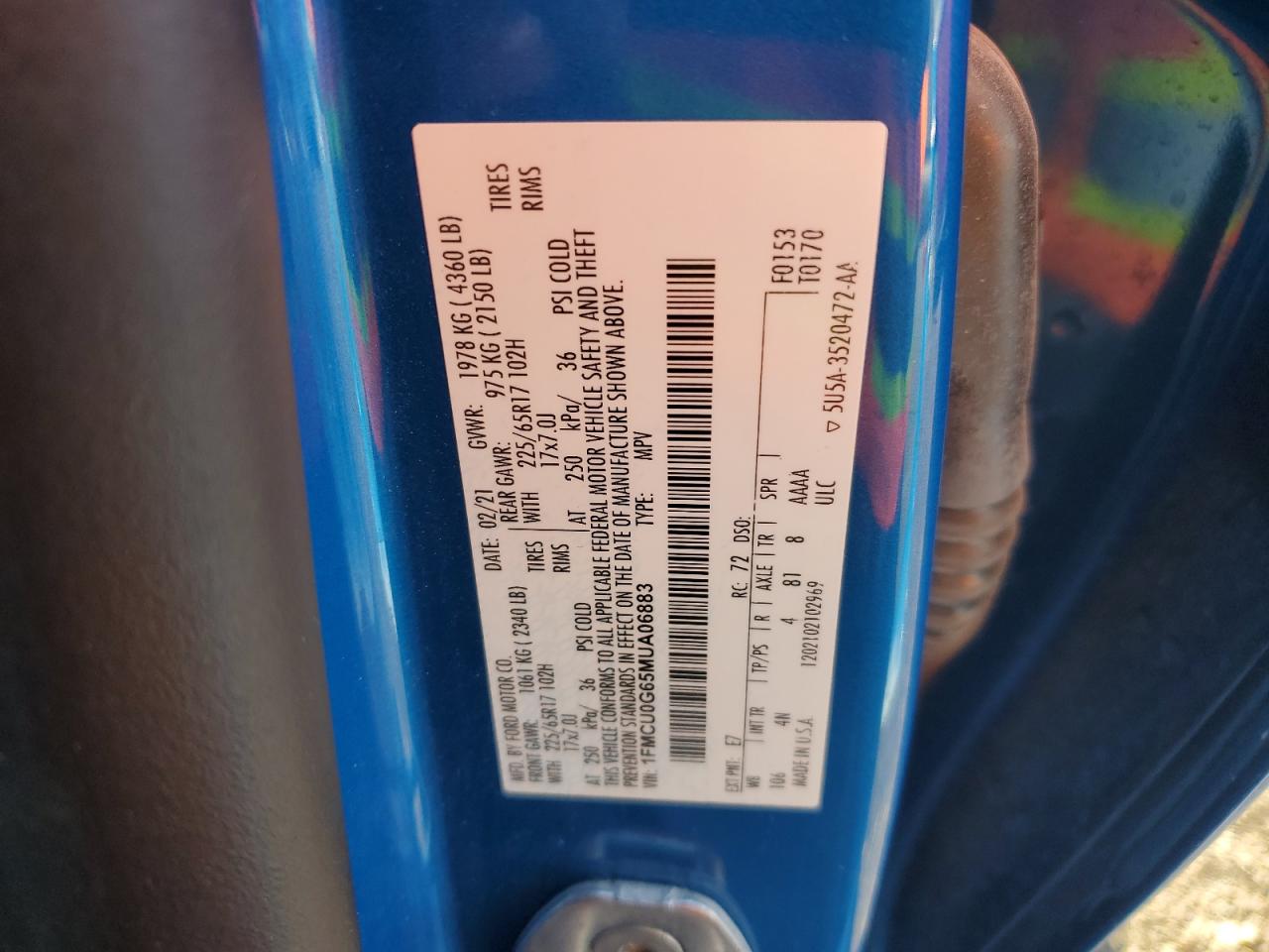 2021 Ford Escape Se VIN: 1FMCU0G65MUA06883 Lot: 85504485