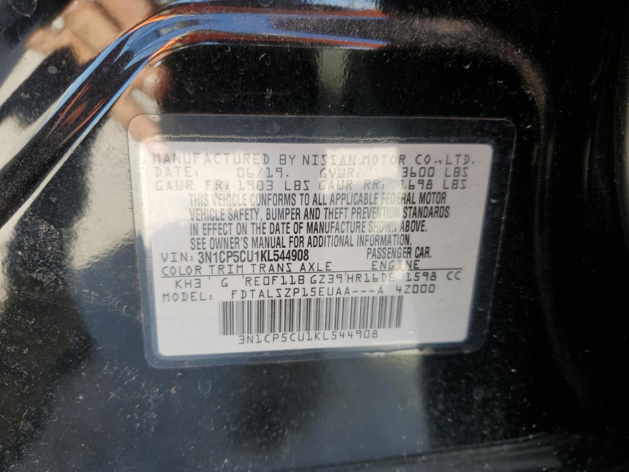 2019 Nissan Kicks S VIN: 3N1CP5CU1KL544908 Lot: 85006065