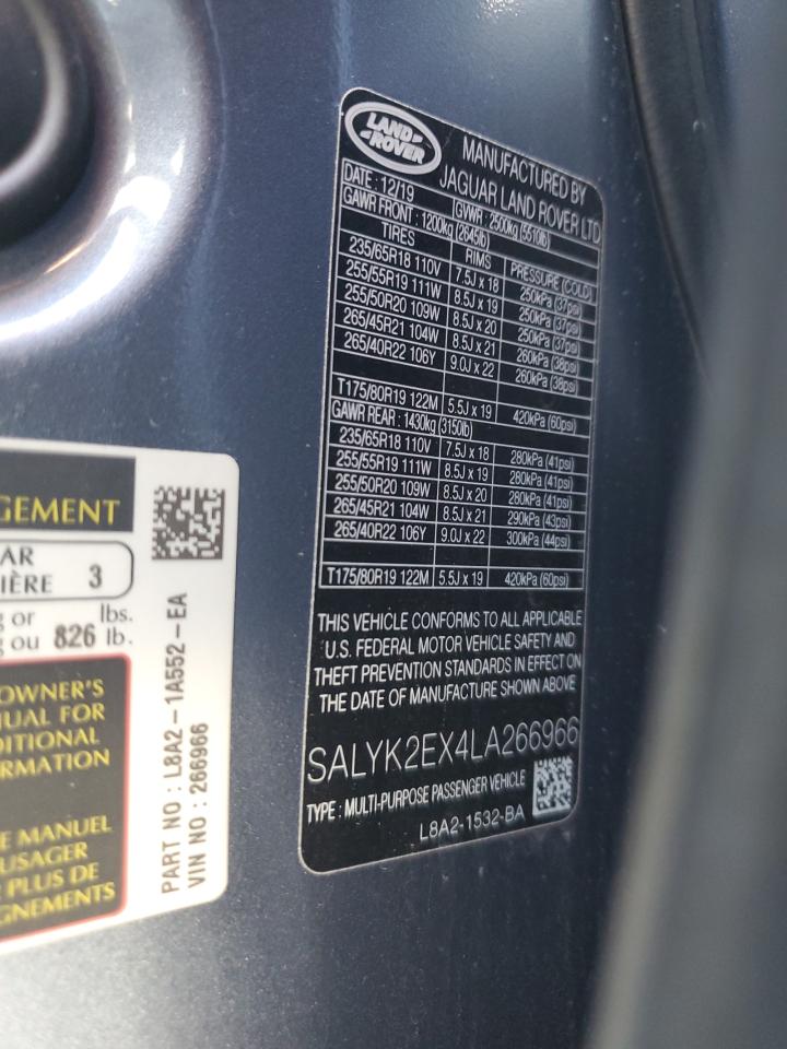 2020 Land Rover Range Rover Velar R-Dynamic S VIN: SALYK2EX4LA266966 Lot: 86654335
