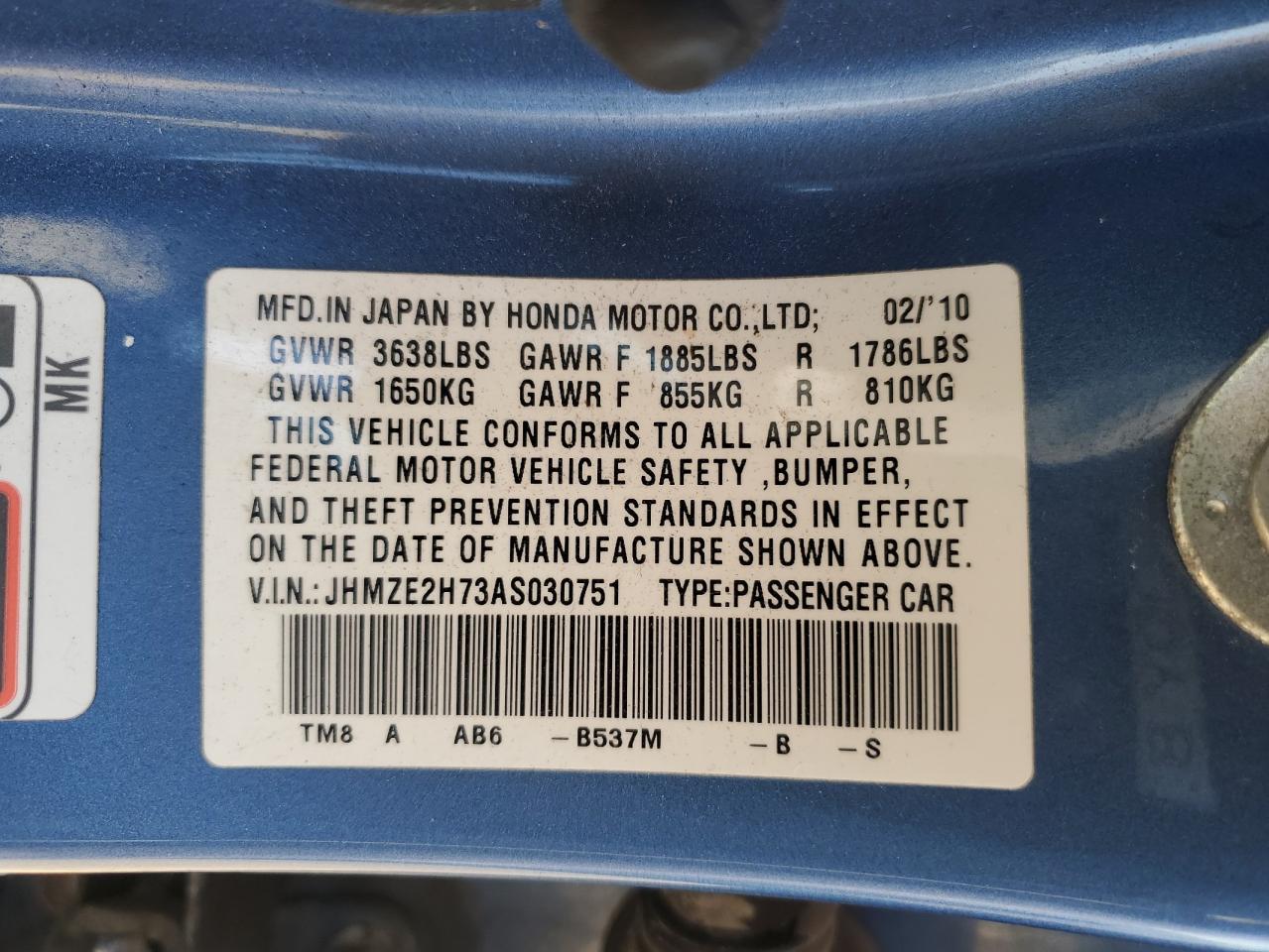 2010 Honda Insight Ex VIN: JHMZE2H73AS030751 Lot: 84728895