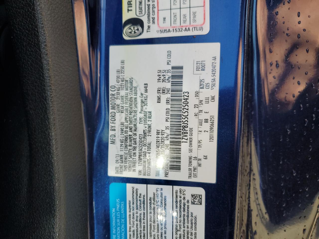 2012 Ford Mustang Shelby Gt500 VIN: 1ZVBP8JS5C5250423 Lot: 89873595