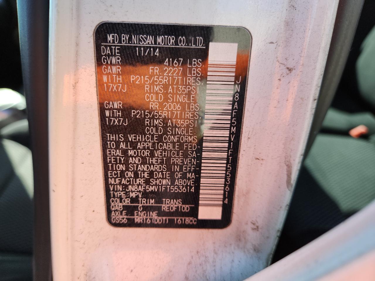 2015 Nissan Juke S VIN: JN8AF5MV1FT553614 Lot: 84866485