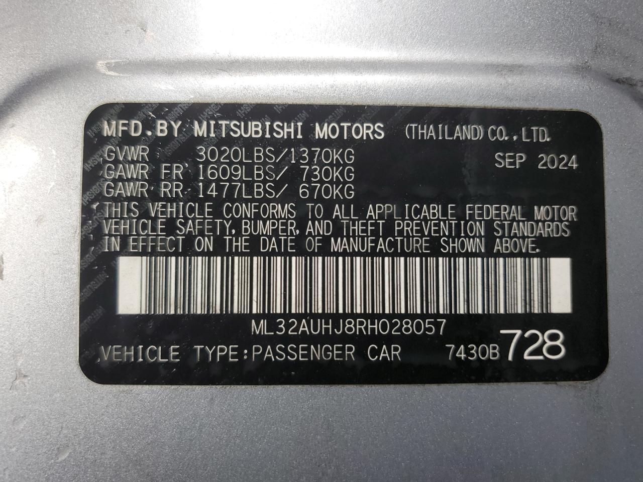 2024 Mitsubishi Mirage Es VIN: ML32AUHJ8RH028057 Lot: 89547735
