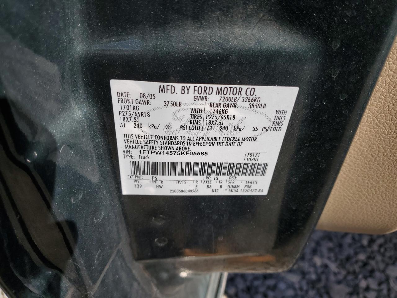 2005 Ford F150 Supercrew VIN: 1FTPW14575KF05585 Lot: 84585775