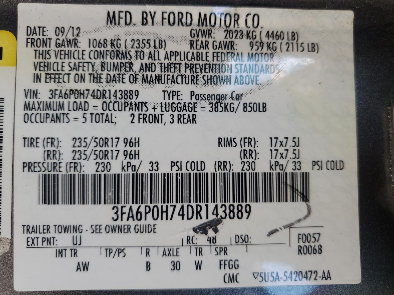 2013 Ford Fusion Se VIN: 3FA6P0H74DR143889 Lot: 85148095