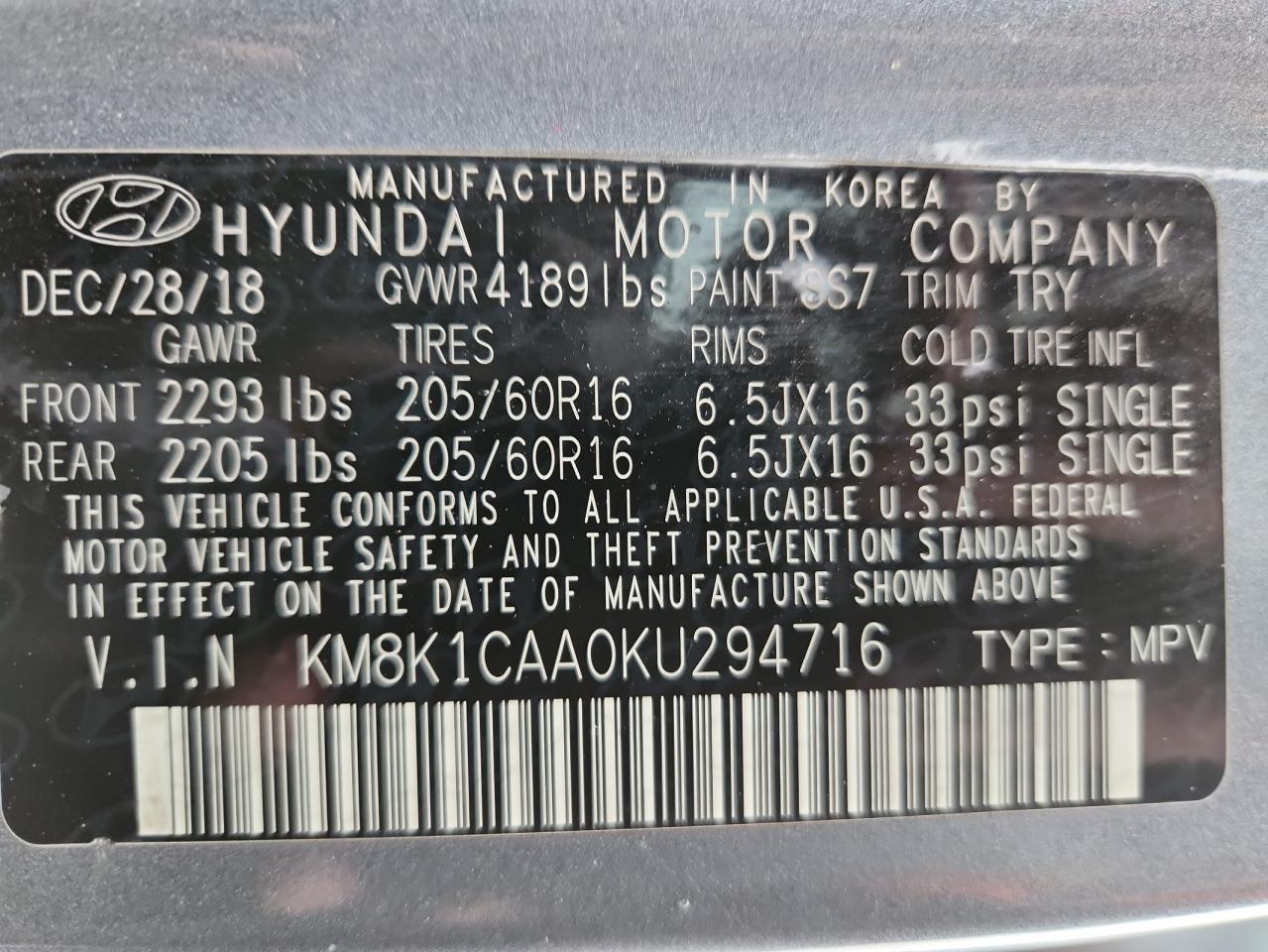 2019 Hyundai Kona Se VIN: KM8K1CAA0KU294716 Lot: 85582035