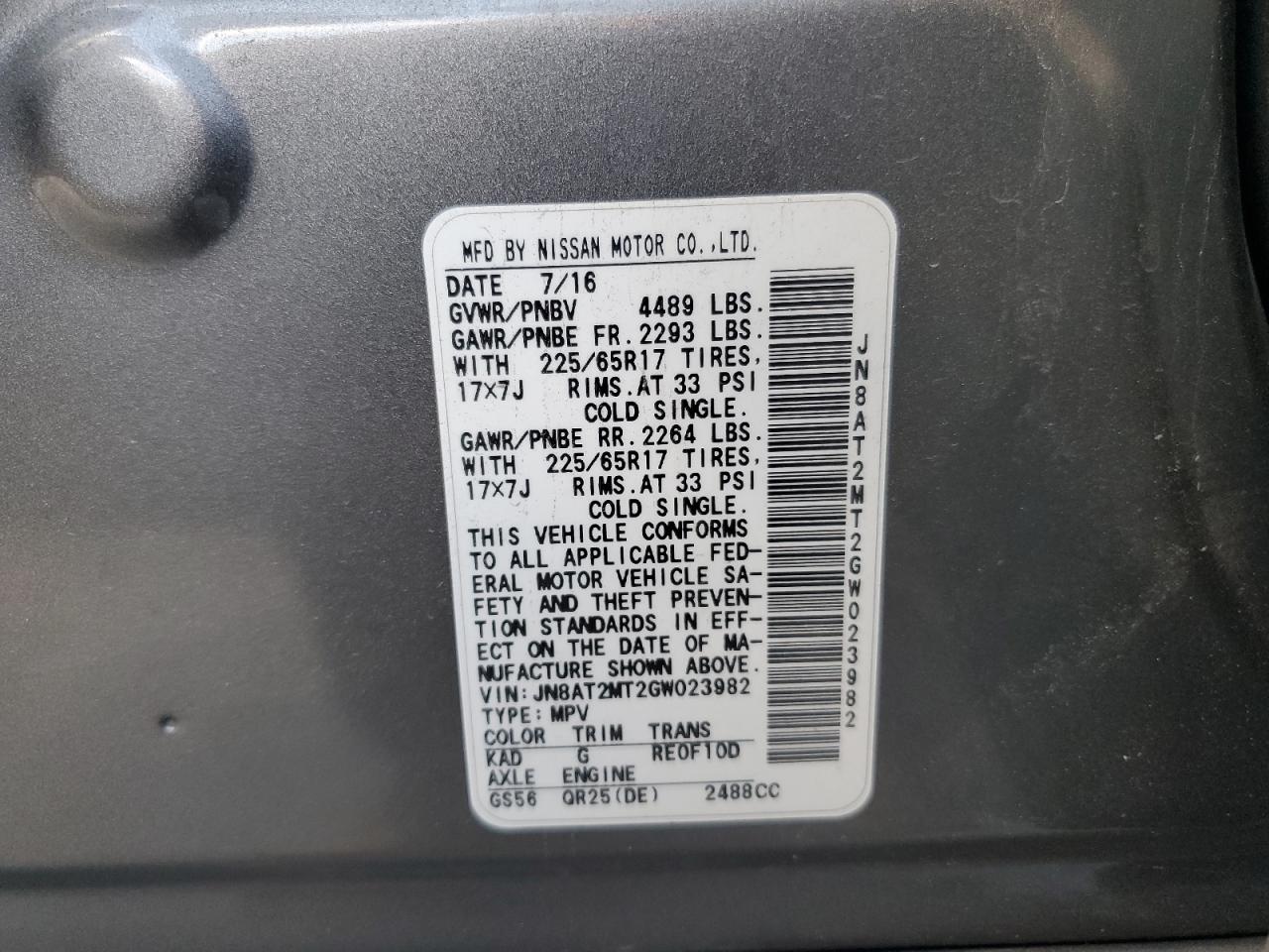 2016 Nissan Rogue S VIN: JN8AT2MT2GW023982 Lot: 82233305