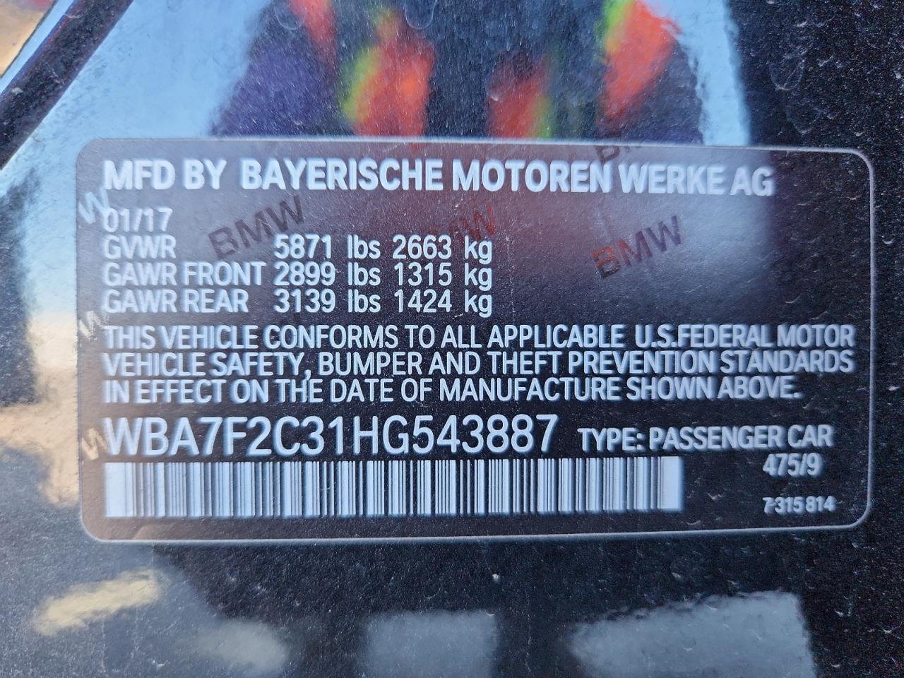 2017 BMW Alpina B7 VIN: WBA7F2C31HG543887 Lot: 85284005