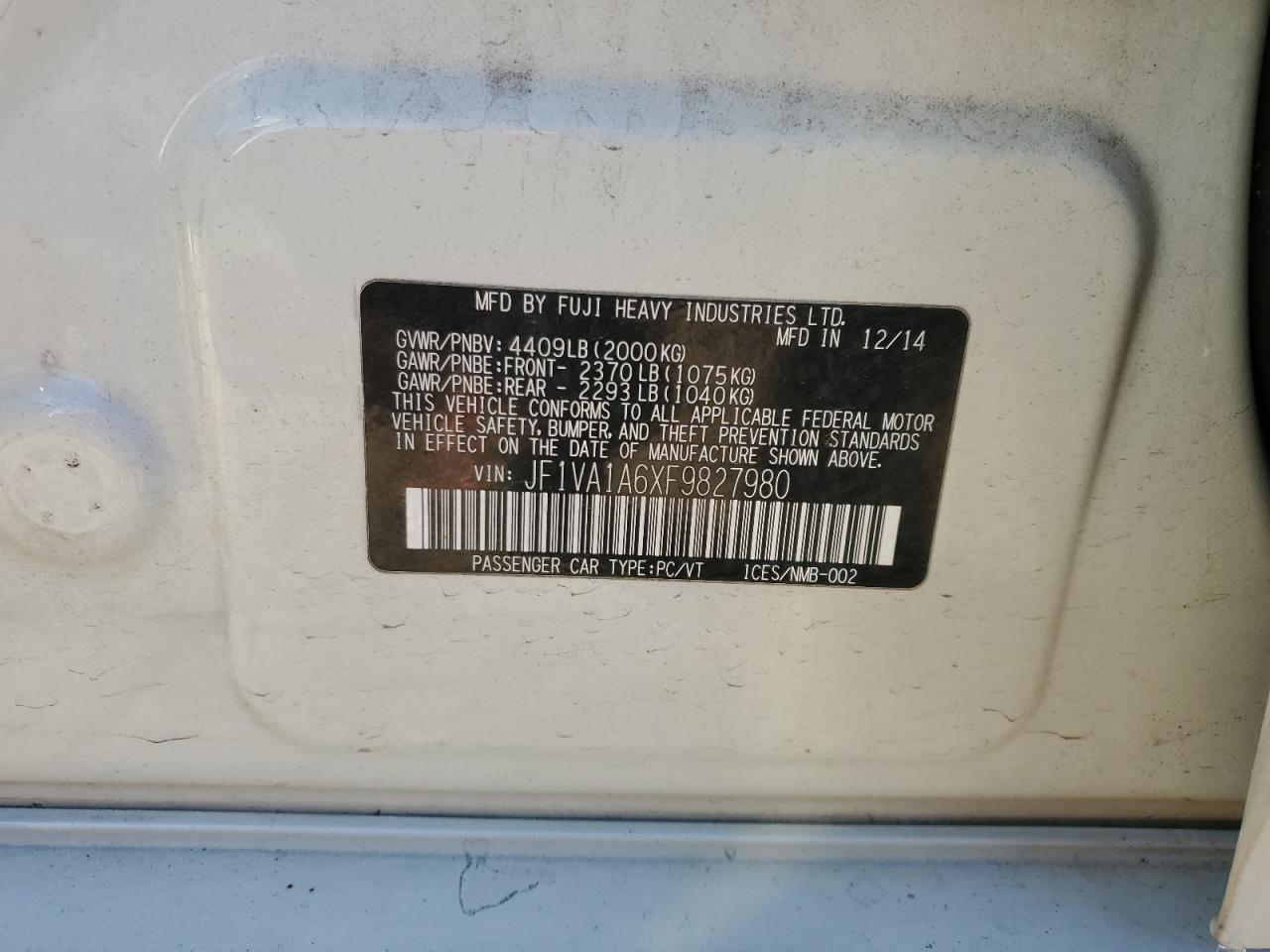 2015 Subaru Wrx VIN: JF1VA1A6XF9827980 Lot: 82619395