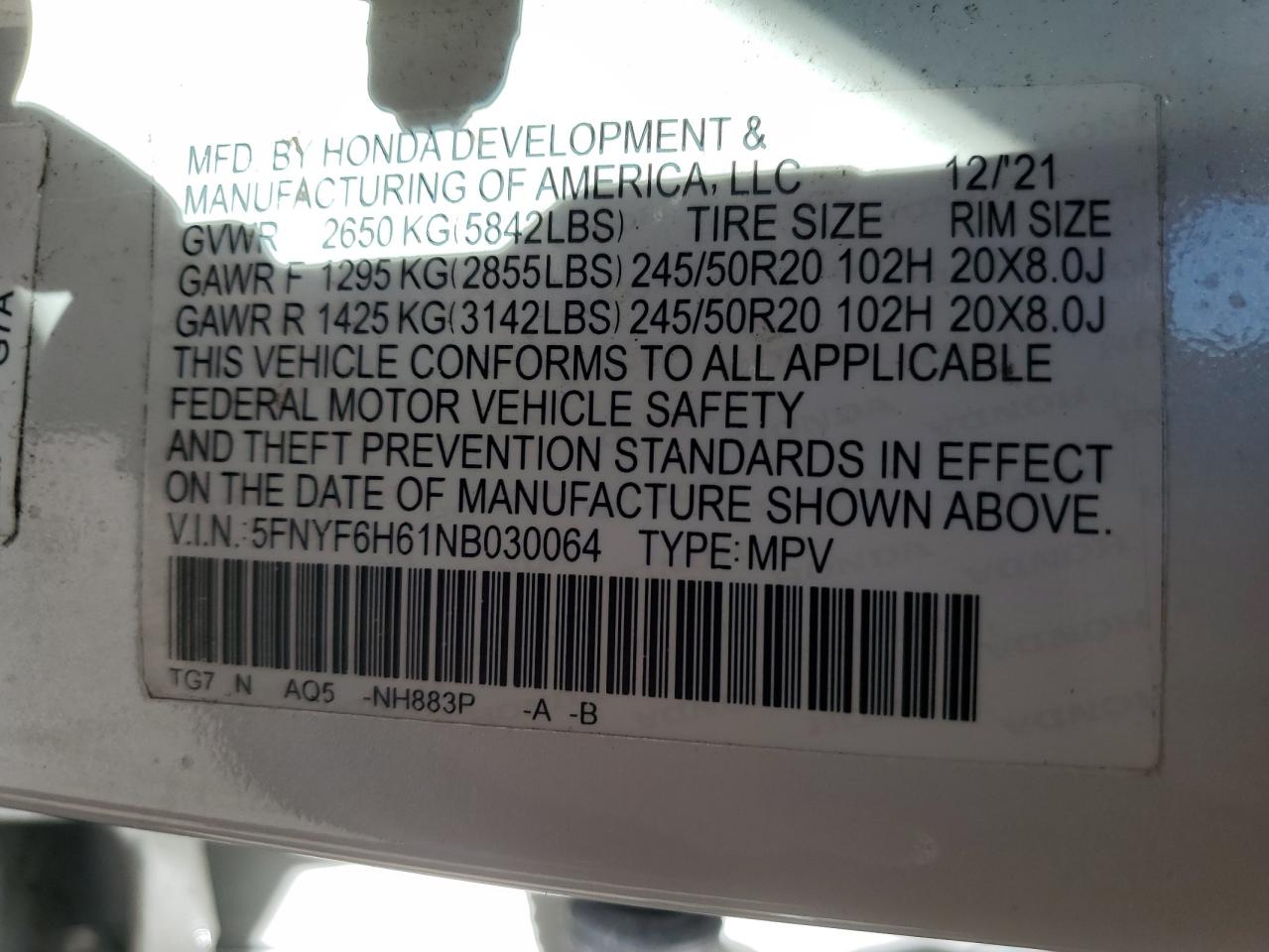 2022 Honda Pilot Touring VIN: 5FNYF6H61NB030064 Lot: 87273755