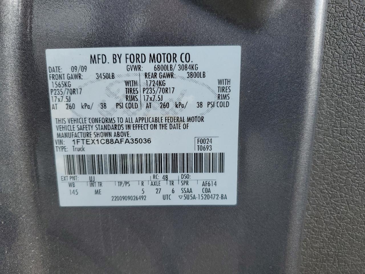 2010 Ford F150 Super Cab VIN: 1FTEX1C88AFA35036 Lot: 82492115
