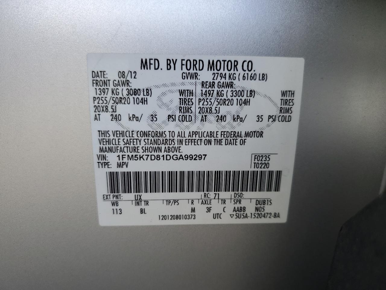 2013 Ford Explorer Xlt VIN: 1FM5K7D81DGA99297 Lot: 82662225