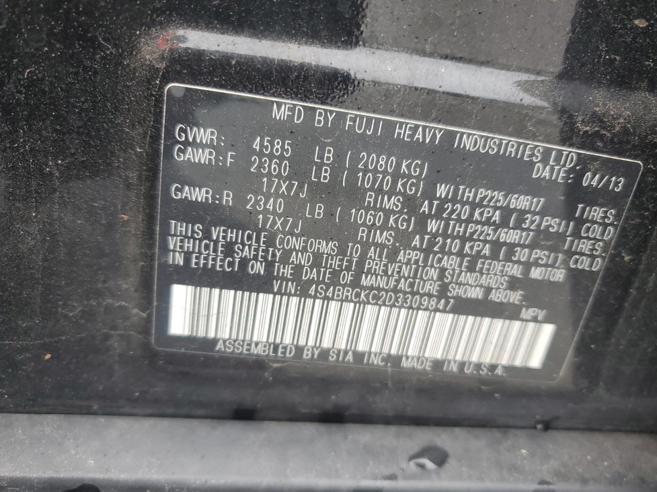 2013 Subaru Outback 2.5I Limited VIN: 4S4BRCKC2D3309847 Lot: 84870515