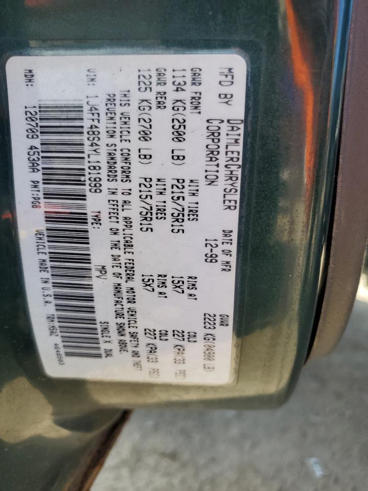 2000 Jeep Cherokee Sport VIN: 1J4FF48S4YL181999 Lot: 84774735