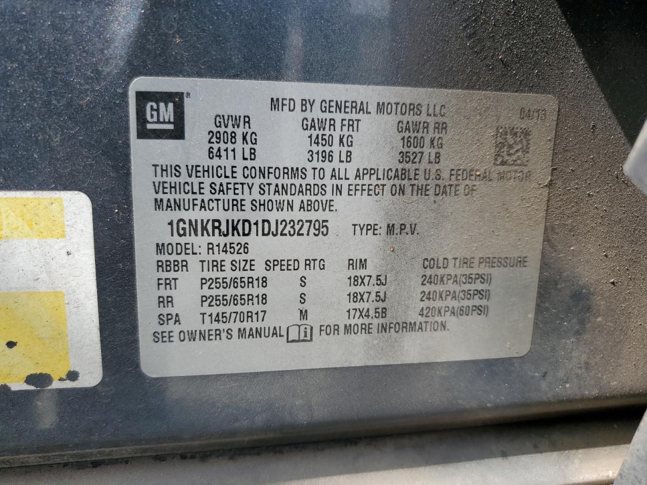 2013 Chevrolet Traverse Lt VIN: 1GNKRJKD1DJ232795 Lot: 85577735