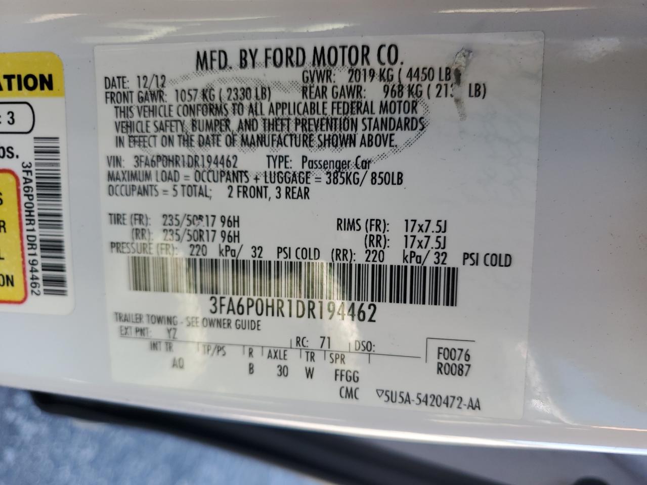 2013 Ford Fusion Se VIN: 3FA6P0HR1DR194462 Lot: 89737355