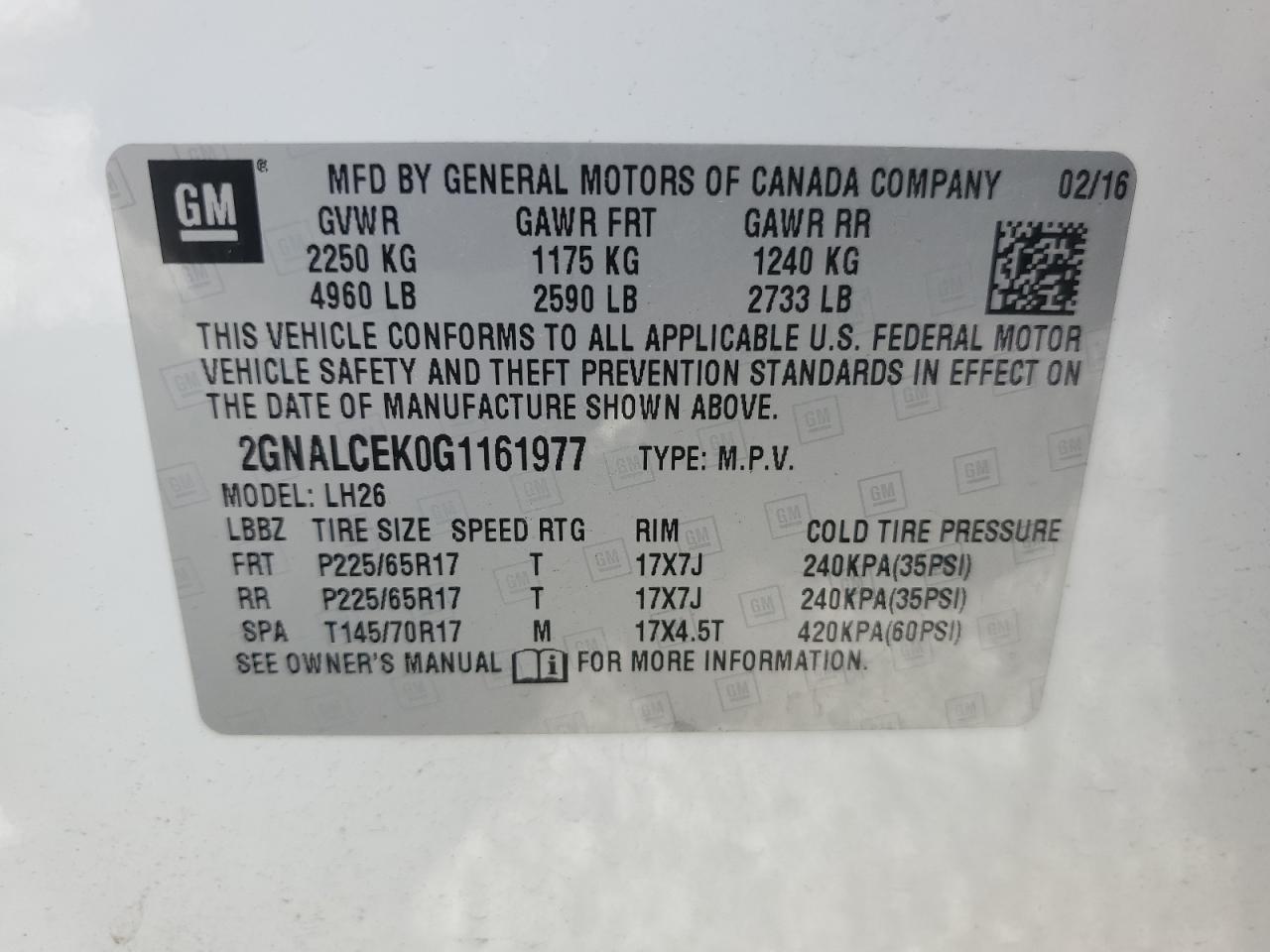 2016 Chevrolet Equinox Lt VIN: 2GNALCEK0G1161977 Lot: 84956065