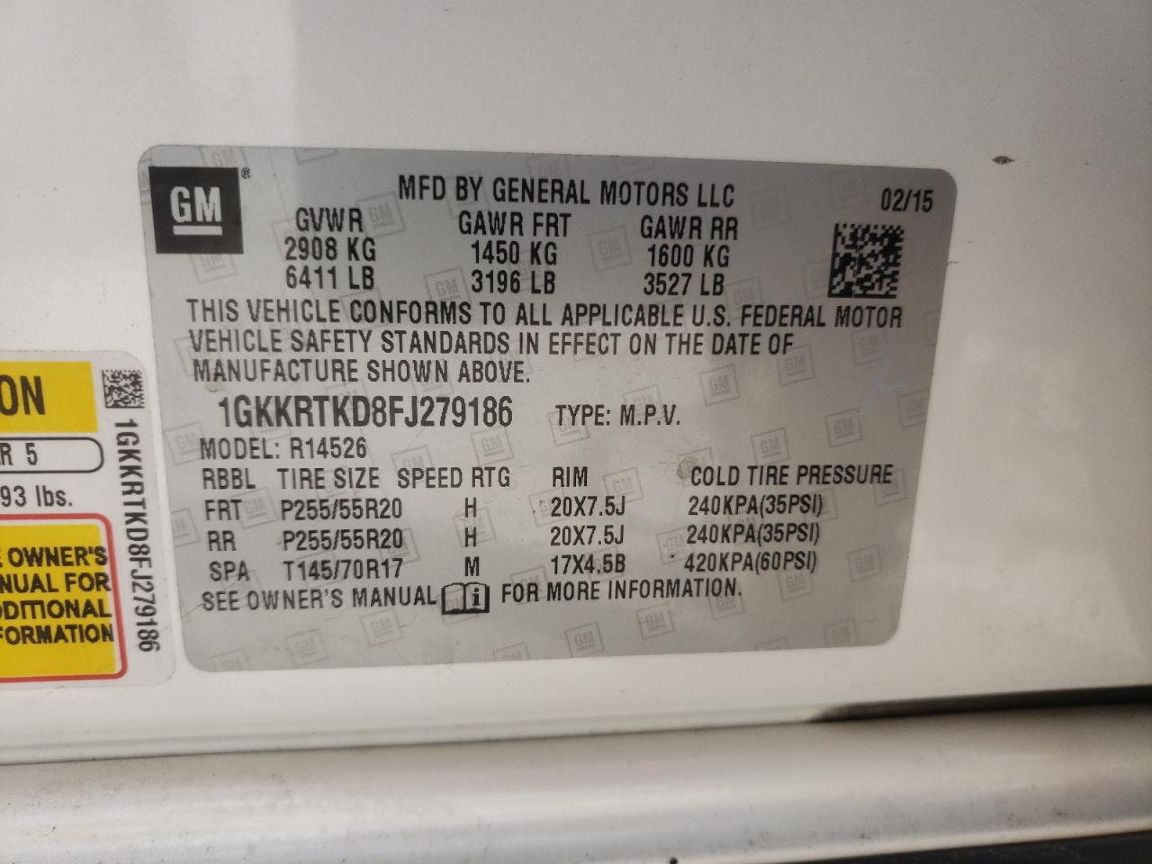 2015 GMC Acadia Denali VIN: 1GKKRTKD8FJ279186 Lot: 85171355