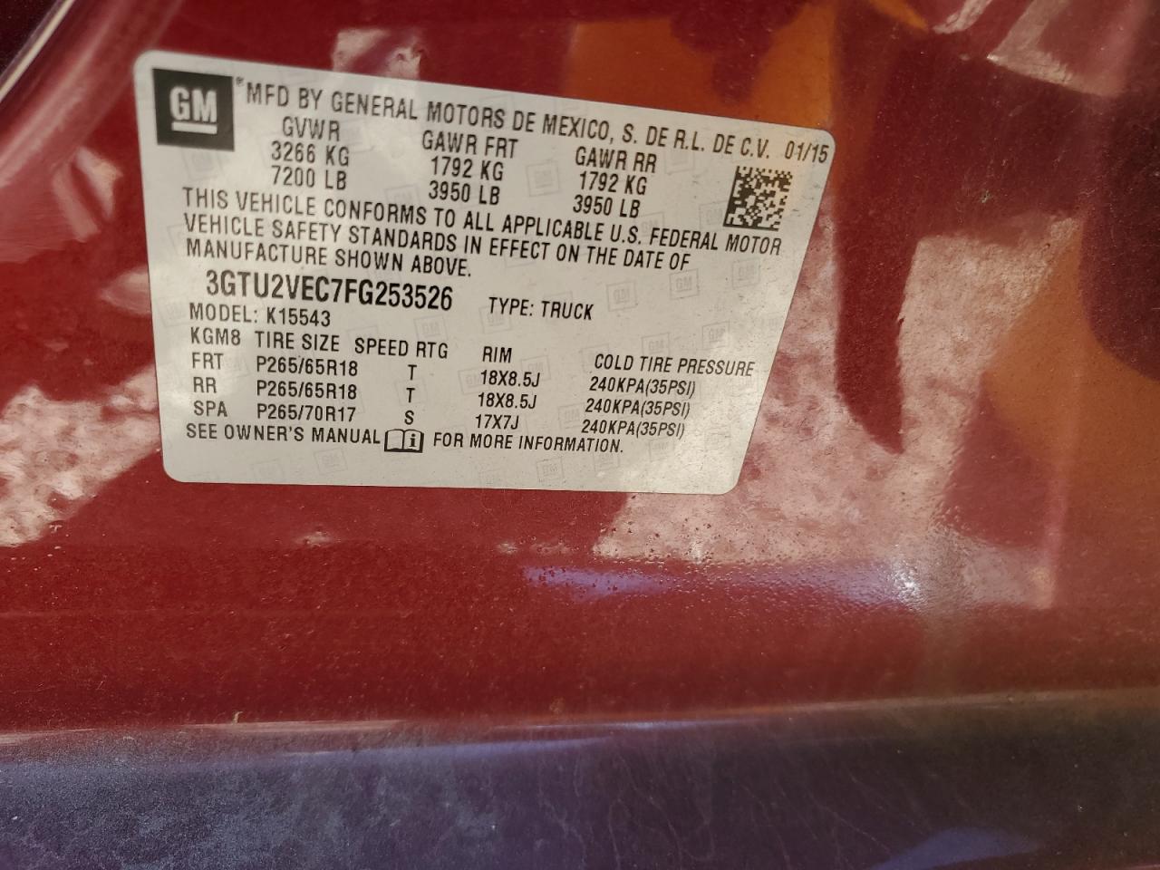 2015 GMC Sierra K1500 Slt VIN: 3GTU2VEC7FG253526 Lot: 89549595